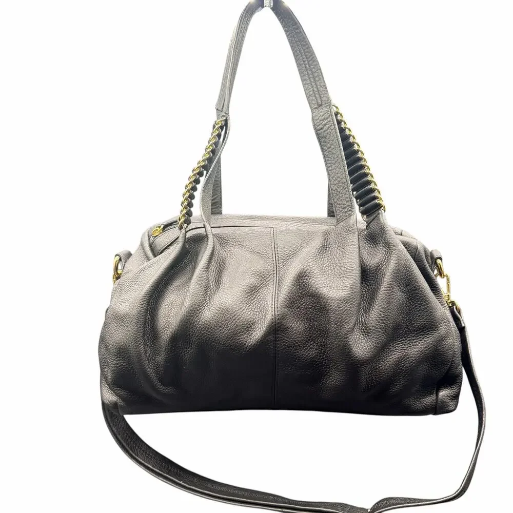 Wilsons Leather Black Pebbled Satchel Shoulder Bag Chain Handles Crossbody